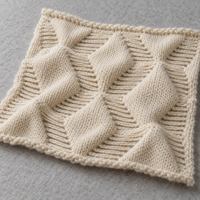 AI-generated picture of a machine-knitted swatch: Charted lift placement (blocks, diamonds, conceal-and-reveal)